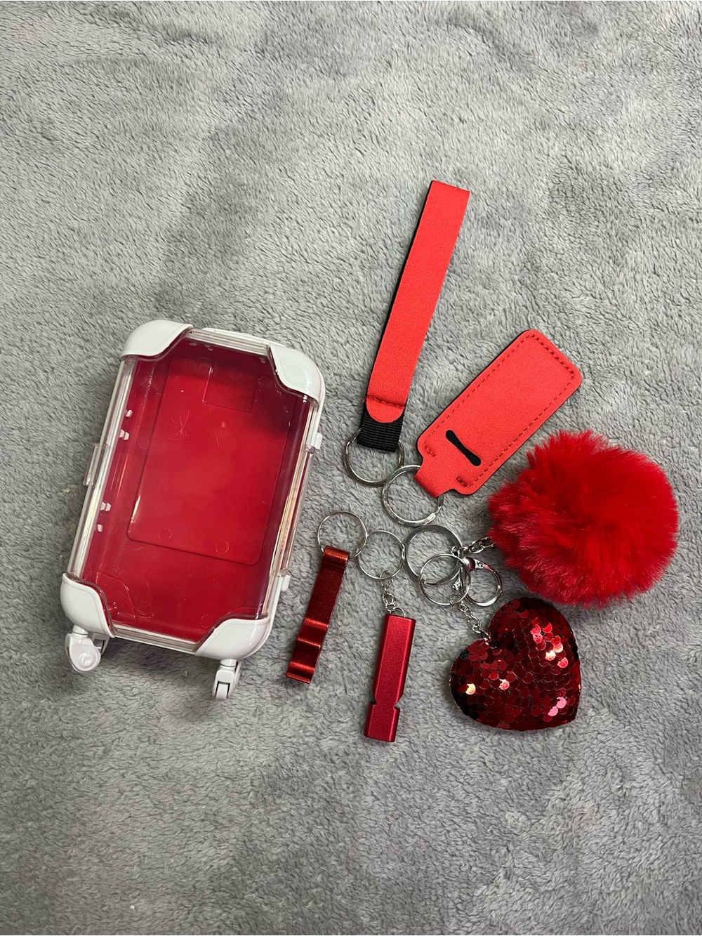 6pcs Red Safety Keychain Set with mini suitcase